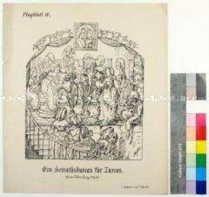 Karikatur aus der Zeit des Deutsch-Französischen Krieges auf die "Deutsche Liebe" und den Heiratsmarkt mit nordafrikanischen Kolonialsoldaten