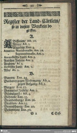 Register der Land-Cärtlein, so in diesem Wercklein begriffen