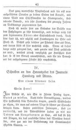 IV. Schreiben an den Herausgeber des Journals Hamburg und Altona.