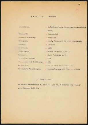 Komödie am Kurfürstendamm, Berlin: Schriftstück zum Fragebogen für das Handbuch »Das Deutsche Theater«