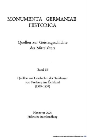 Quellen zur Geschichte der Waldenser von Freiburg im Üchtland : (1399 - 1439)