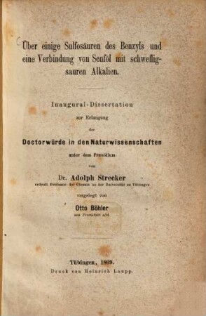 Über einige Sulfosäuren des Benzyls und eine Verbindung von Senföl mit schweflig-sauren Alkalien : Inaug. Diss.