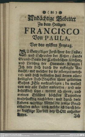 Andächtige Gebetter Zu dem Heiligen Francisco Von Paula, Vor den eylfften Freytag