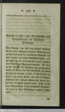 Aufruff an Feld- und Gartenbesitzer zur Verminderung der schädlichen Sperlinge