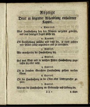 Anzeige Derer in folgender Abhandlung enthaltener Kapitel.