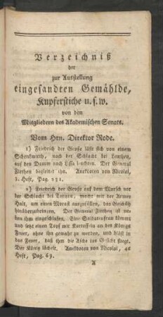 Verzeichniß der zur Ausstellung eingesandten Gemählde, Kupferstiche u.s.w. von den Mitgliedern des Akademischen Senats.