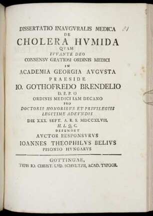 Dissertatio Inauguralis Medica De Cholera Humida