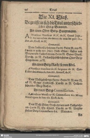 Die XI. Claß. Begreifft in sich die Titul unterschiedlicher Berg-Beamten