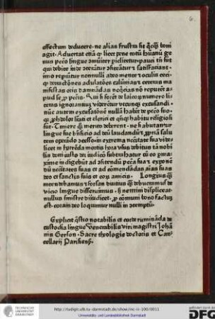 Explicit questio notabilis et corde ruminanda de custodia lingue venerabilis viri magistri Johannis Gerson, sacre theologie doctoris et cancellarii Parisiensis.