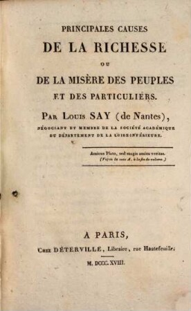 Principales causes de la richesse ou de la misère des peuples et des particuliers