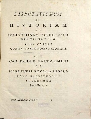 Disputationes ad morborum historiam et curationem facientes, Tomus quartus. Iterum ad morbos abdominis