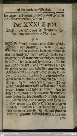 Das XXXI. Capitel. Daß uns Gott vor Auffruhr behütet, eine unerkannte Wolthat