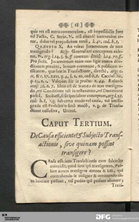 Caput Tertium. De Causa efficiente & Subjeto Transactionis, sive quinam possint transigere?