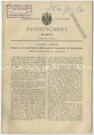 Patentschrift einer Neuerung an der durch Patent Nr. 39139 geschützten Fördermaschine mit Stopvorrichtung , Patent-Nr. 42074
