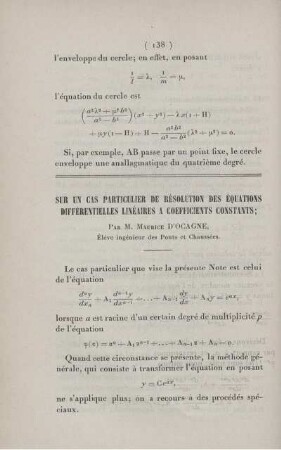 Sur un cas particulier de résolution des équations différentielles linéaires a coefficients constants.