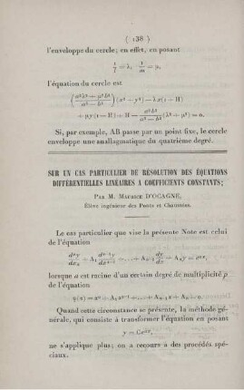Sur un cas particulier de résolution des équations différentielles linéaires a coefficients constants.