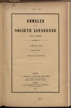 40: Annales de la Société Linnéenne de Lyon et des Société Botanique de Lyon, Société d'Anthropologie et de Biologie de Lyon réunies