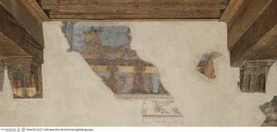Illusionistische Freskendekoration mit Landschaftsdarstellungen auf gemalten Wandteppichen zwischen Architekturrahmungen, Bildfragment mit Balustrade und Putten