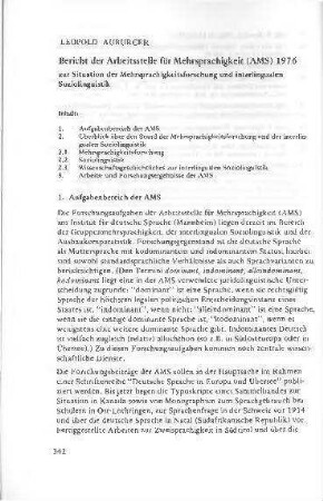 Bericht der Arbeitsstelle für Mehrsprachigkeit (AMS) 1976 zur Situation der Mehrsprachigkeitsforschung und interlingualen Soziolinguistik
