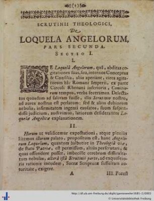 Scrutinum Theologici, de Loquela Angelorum. Pars Secunda, Sect. I et II.