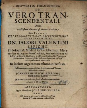 Dispvtatio Philosophica De Vero Transcendentali