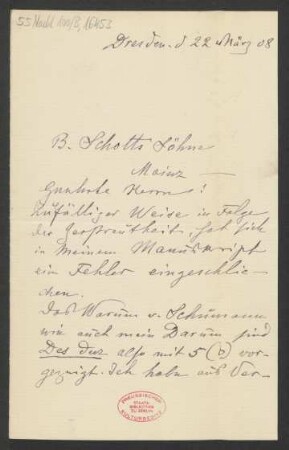 Brief an B. Schott's Söhne : 22.03.1908