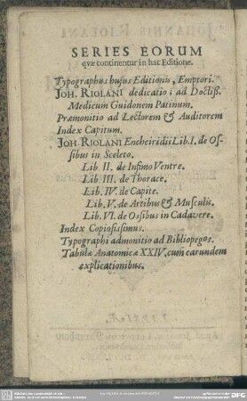Series Eorum quae continentur in hac Editione