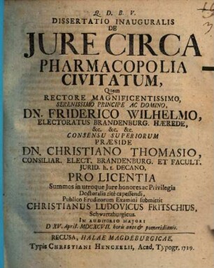 Dissertatio Inauguralis, De Jure Circa Pharmacopolia Civitatum