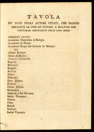 Tavola De' Nomi Degli Autori Citati, Che Hanno Descritte Le Vite De' Pittori, E Scultori Con Particolar Annotazioni Delle Loro Opere