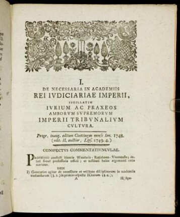 I. De Necessaria In Academiis Rei Ivdiciariae Imperii, Sigillatim Iurium Ac Praxeos Amborum Supremorum Imperii Tribunalium Cultura