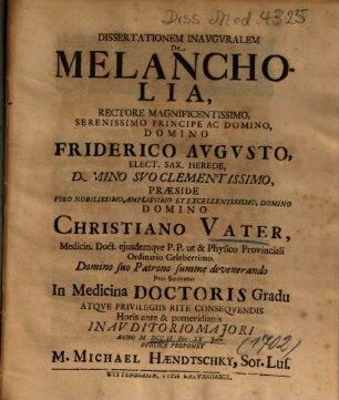 Dissertationem Inavgvralem De Melancholia