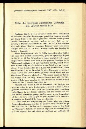 Ueber die neuerdings aufgestellten Varietäten des Carabus monilis Fabr.
