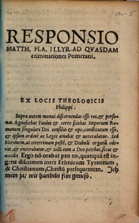 Responsio Matth. Fla. Illyr. Ad Qvasdam criminationes Pomerani