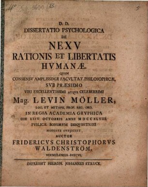 Dissertatio Psychologica De Nexv Rationis Et Libertatis Hvmanae