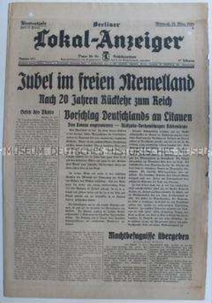 Tageszeitung "Berliner Lokal-Anzeiger" zur Wiedereingliederung des Memellandes in das Deutsche Reich