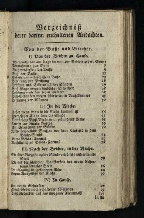 Verzeichniß derer darinnen enthaltenen Andachten