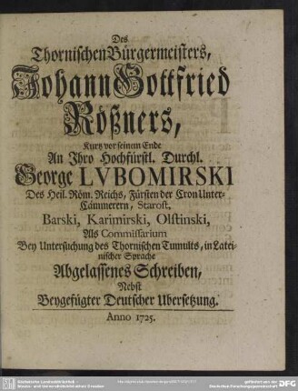 Des Thornischen Bürgermeisters, Johann Gottfried Rößners, ... Abgelassenes Schreiben