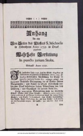 Anhang An eine Von Seiten des Closters S. Michaelis in Hildesheim Anno 1735. in Druck gegebene Wahrhafte Vorstellung In puncto iurium Stolæ