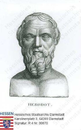 Herodot (um 490 - 425/20 v. Chr.) / Porträt, vorblickendes Brustbild mit Bildlegende / Widmungsblatt in der Stammbuchblattsammlung Heinrich Freiherr v. Gagerns (1799-1880), o. Eintrag, o.D.