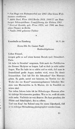 Kunsthalle zu Hamburg 10. V. 04 Herrn Dir. Dr. Gustav Pauli Hochwohlgeboren