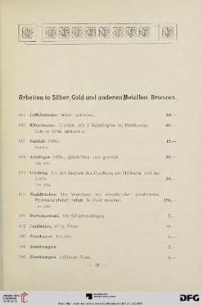 Arbeiten in Silber, Gold und anderen Metallen. Bronzen (Nr. 185-228)