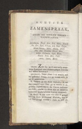 Achtste Zamenspraak, over de Dieren onzes Vaderlands.