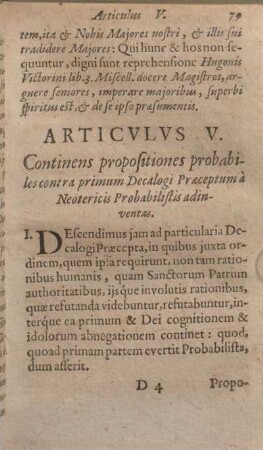 Articvlvs V. Continens propositiones probabiles contra primum Decalogi Praeceptum à Neotericis Probabilistis adinventas.