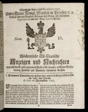 Num. 15. Montags den 27ten Novembris 1747.
