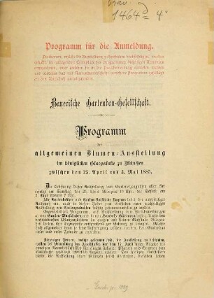 Programm der allgemeinen Blumen-Ausstellung im k. Glaspalaste zu München. 1885, Apr. - Mai