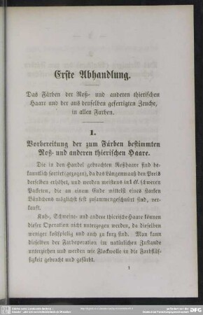Erste Abhandlung. Das Färben der Roß- und anderen thierischen Haare und der aus denselben gefertigten Zeuche in allen Farben