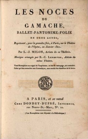 Les noces de Gamache : ballet-pantomime-folie, en deux actes