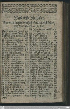 Das erste Register Derer in diesem Buche befindlichen Lieder, nach dem Alphabet eingerichtet
