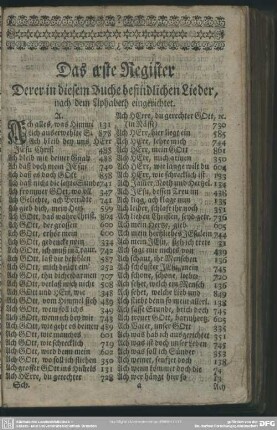 Das erste Register Derer in diesem Buche befindlichen Lieder, nach dem Alphabet eingerichtet