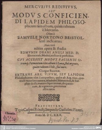 Mercurius Redivivus, Seu Modus Conficiendi Lapidem Philosophicum tam album, quam rubeum e Mercurio
